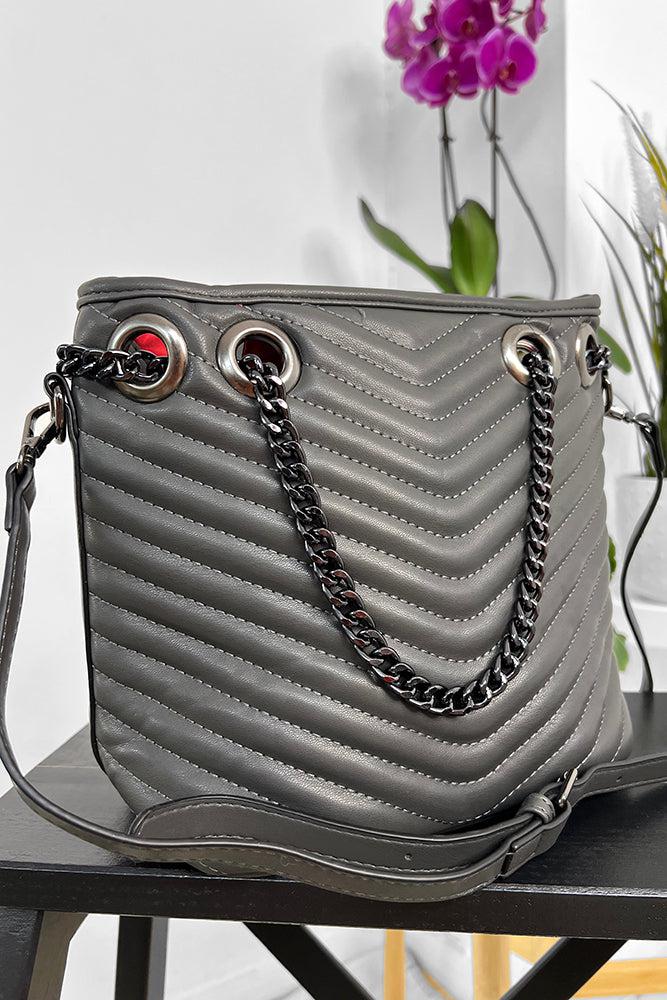 Chevron Quilt Dark Metal Chain Strap Bucket Handbag-SinglePrice