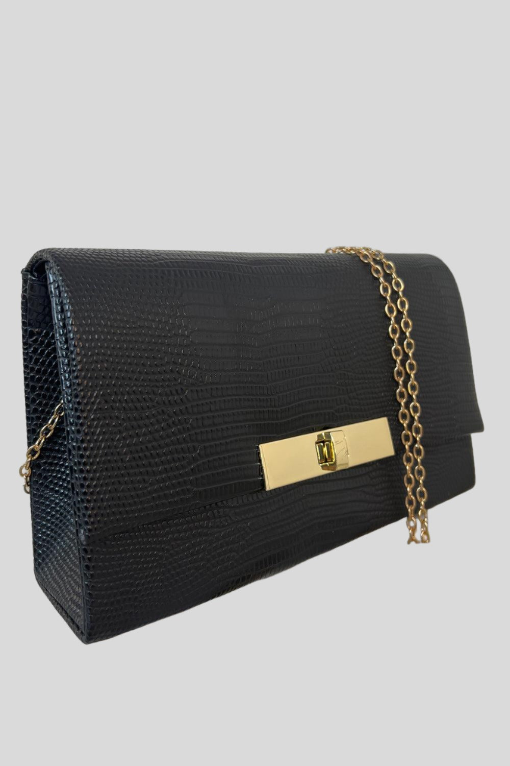 Black Faux Snake Skin Gold Twist Lock Handbag-SinglePrice