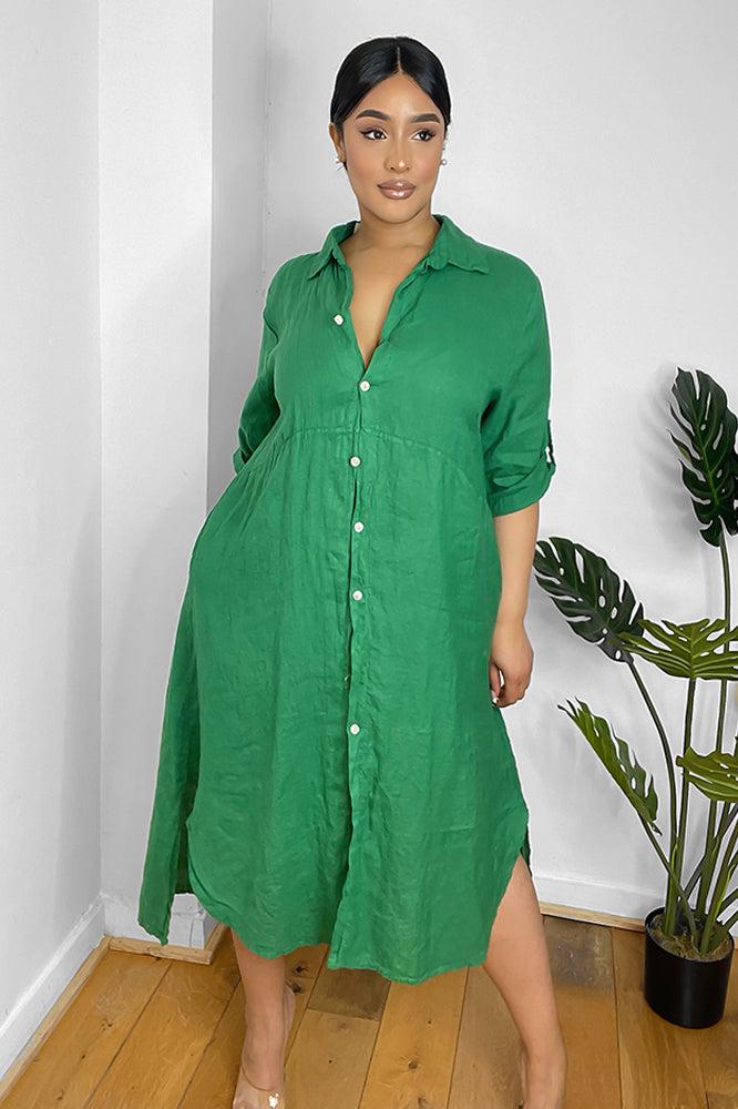 Curved Hem 100% Linen Shirt Dress-SinglePrice