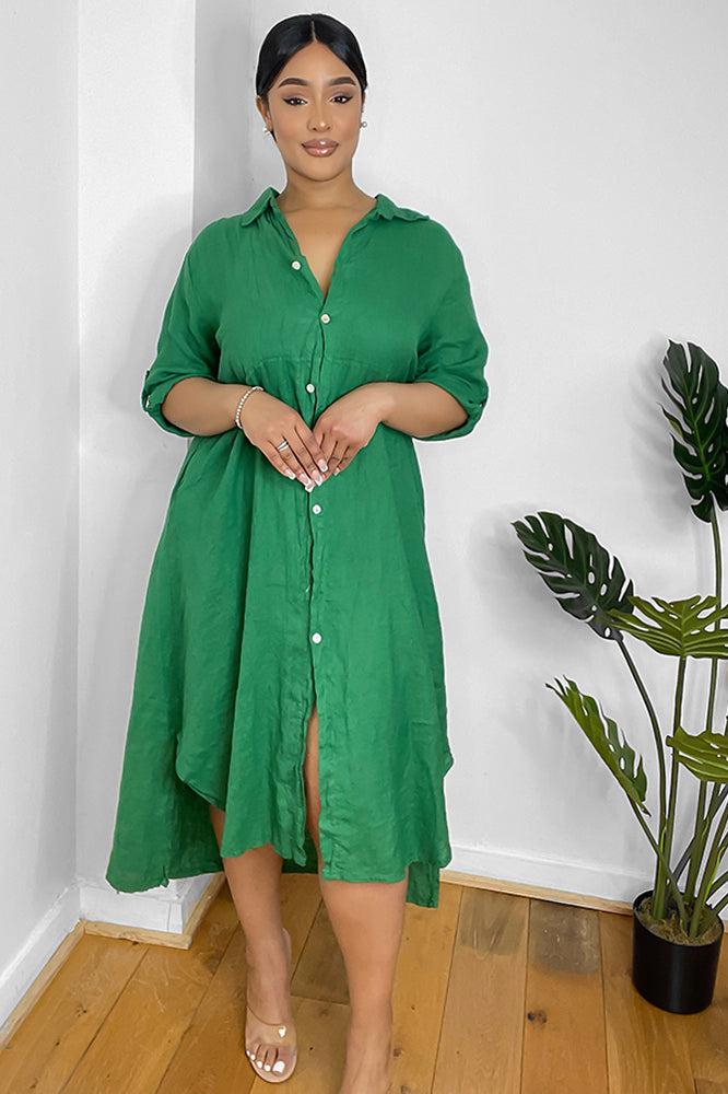 Curved Hem 100% Linen Shirt Dress-SinglePrice