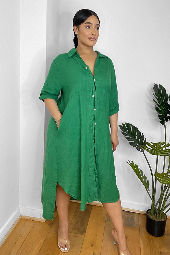 Curved Hem 100% Linen Shirt Dress-SinglePrice