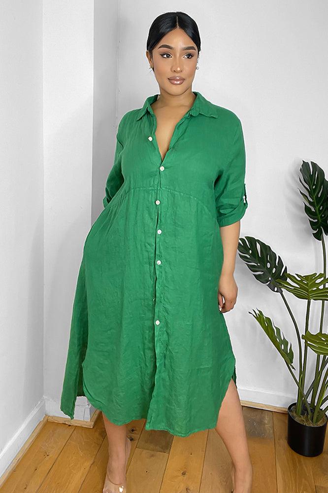 Curved Hem 100% Linen Shirt Dress-SinglePrice