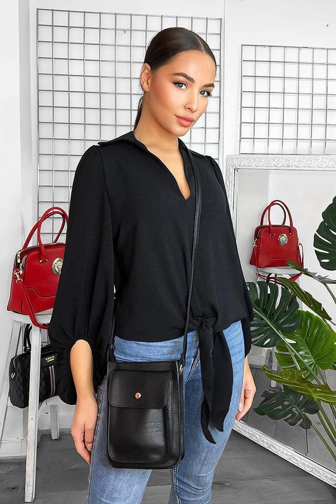 Black Vegan Leather Pocket Style Shoulder Bag-SinglePrice