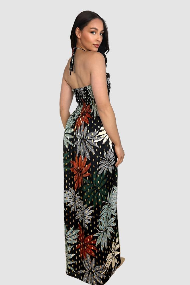 Leaves And Dots Print Shirred Bust Maxi Dress-SinglePrice