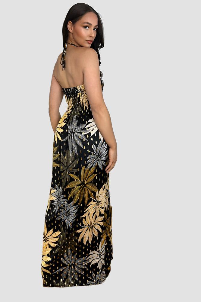 Leaves And Dots Print Shirred Bust Maxi Dress-SinglePrice