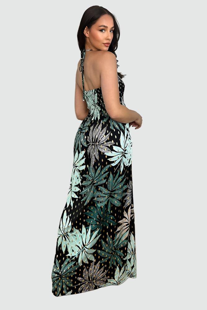 Leaves And Dots Print Shirred Bust Maxi Dress-SinglePrice