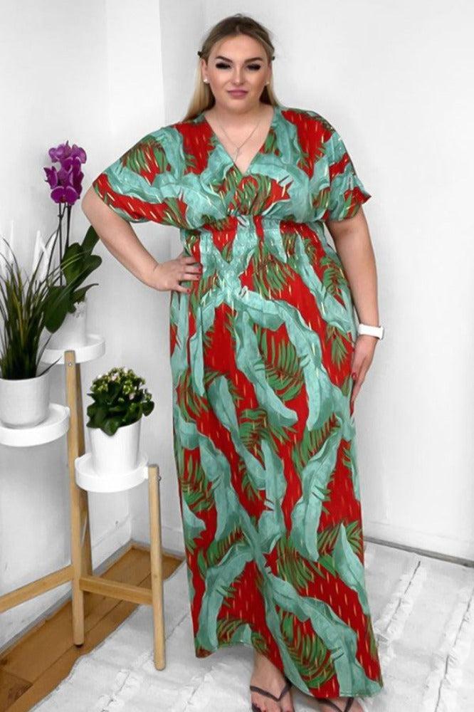 Palm Leaves Print Shirred Waist Maxi Dress-SinglePrice