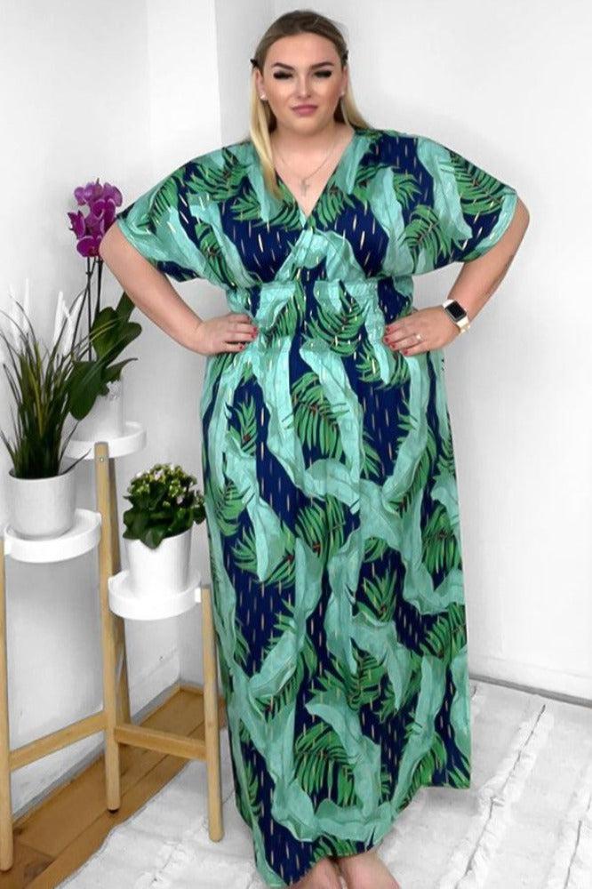 Palm Leaves Print Shirred Waist Maxi Dress-SinglePrice