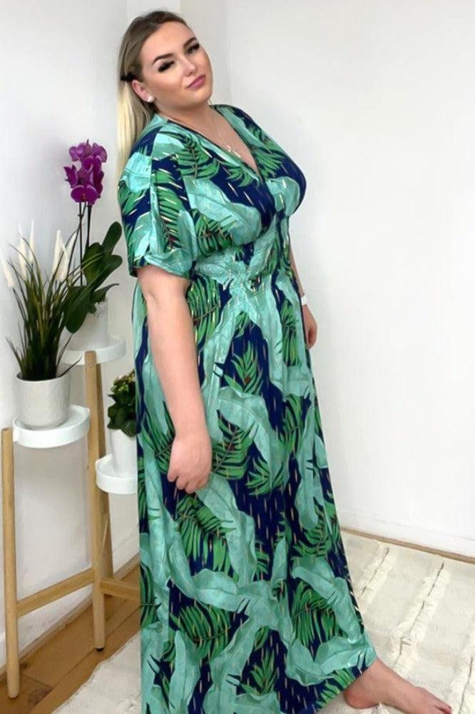 Palm Leaves Print Shirred Waist Maxi Dress-SinglePrice