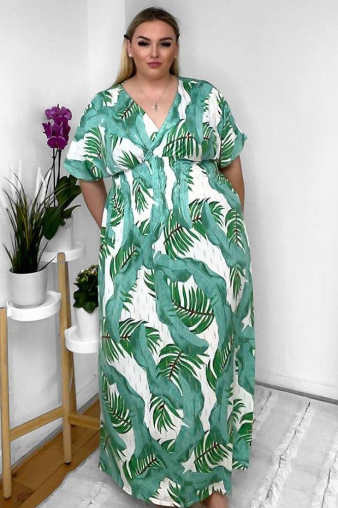 Palm Leaves Print Shirred Waist Maxi Dress-SinglePrice