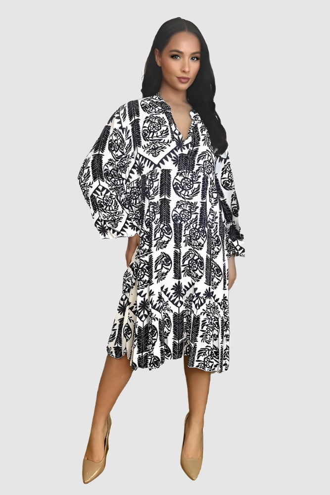Monochrome Dreamcatcher Print Tiered Summer Dress-SinglePrice