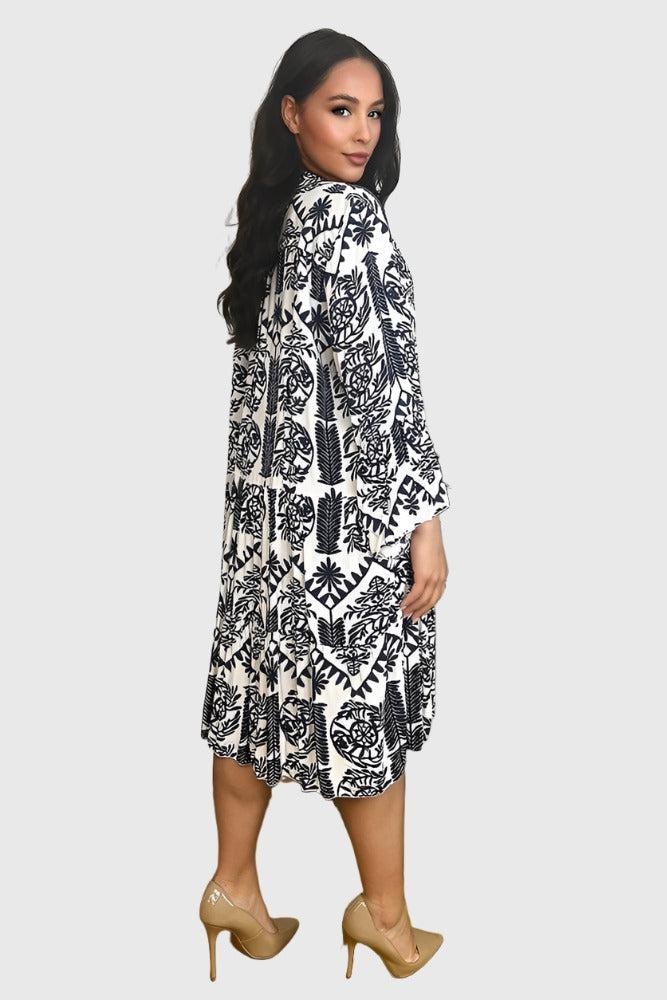 Monochrome Dreamcatcher Print Tiered Summer Dress-SinglePrice