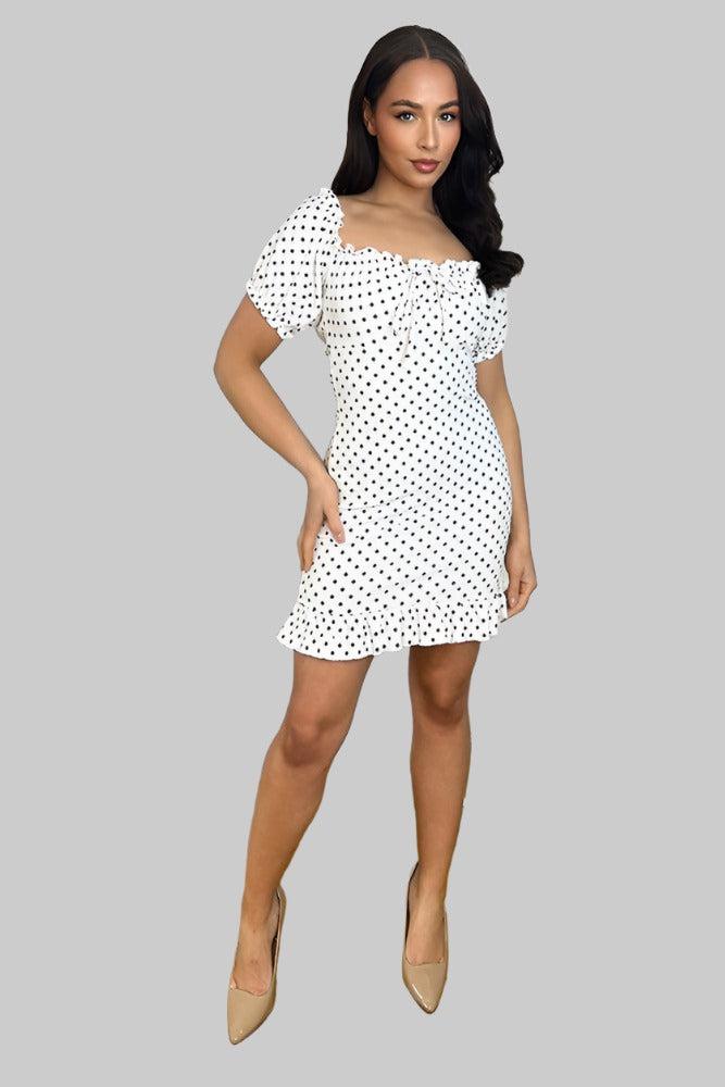 White Black Polka Dot Milkmaid Dress-SinglePrice