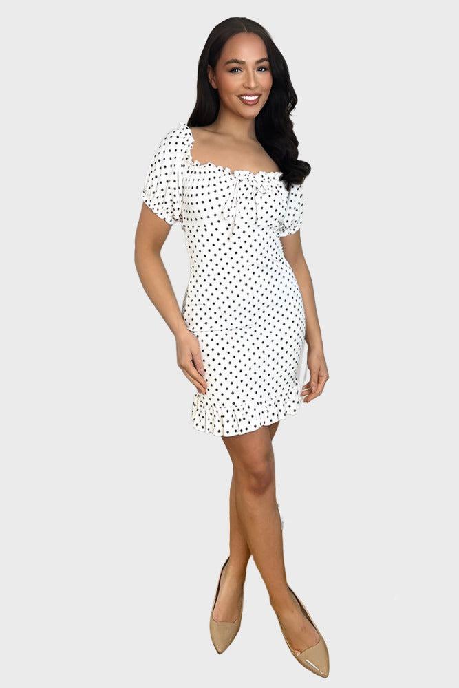 White Black Polka Dot Milkmaid Dress-SinglePrice