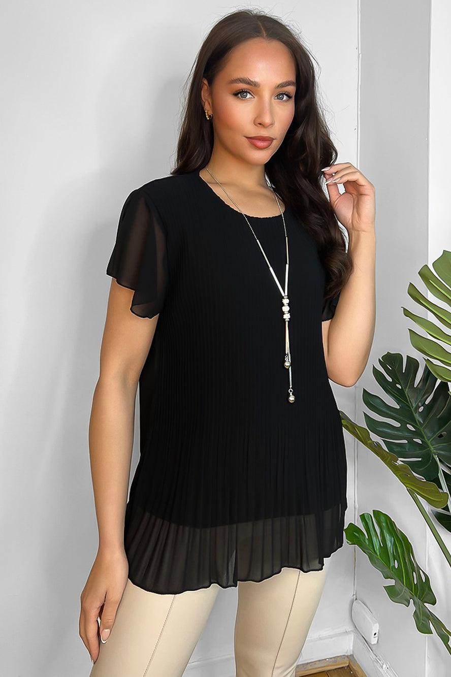 Pleated Chiffon Long Necklace Included Short Sleeve Blouse-SinglePrice