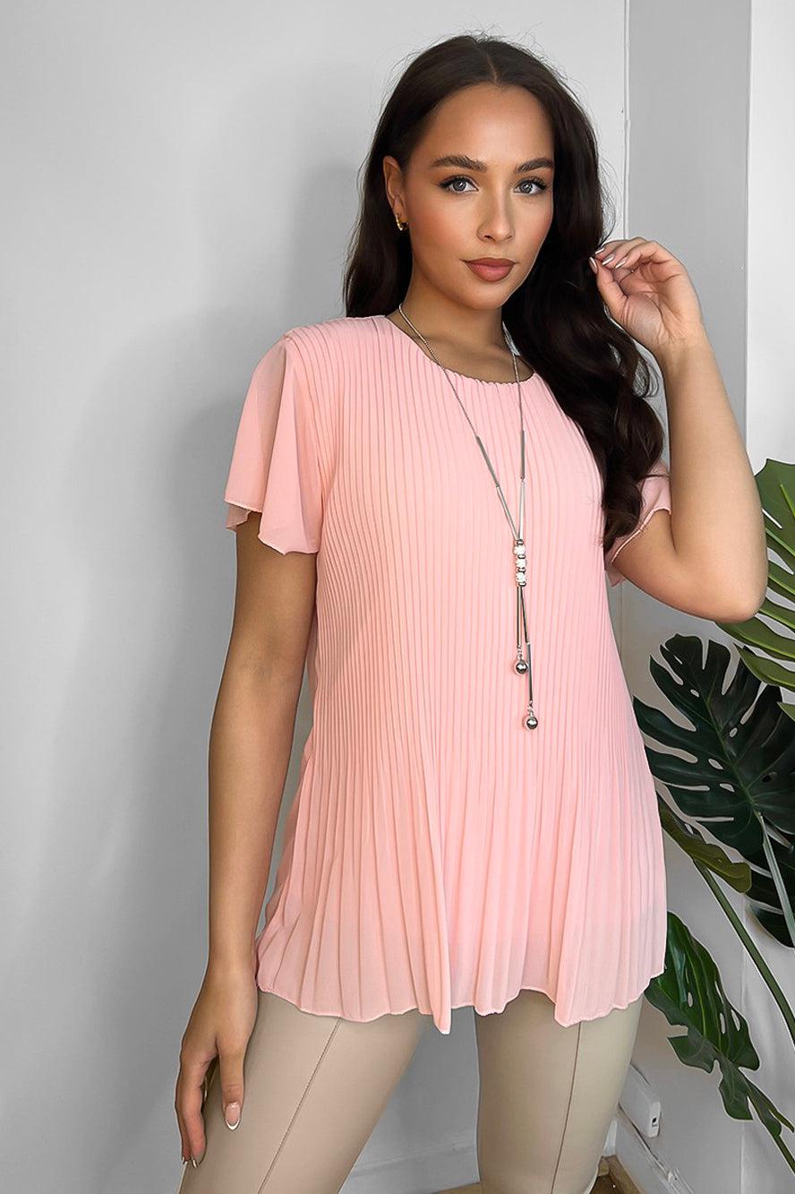 Pleated Chiffon Long Necklace Included Short Sleeve Blouse-SinglePrice