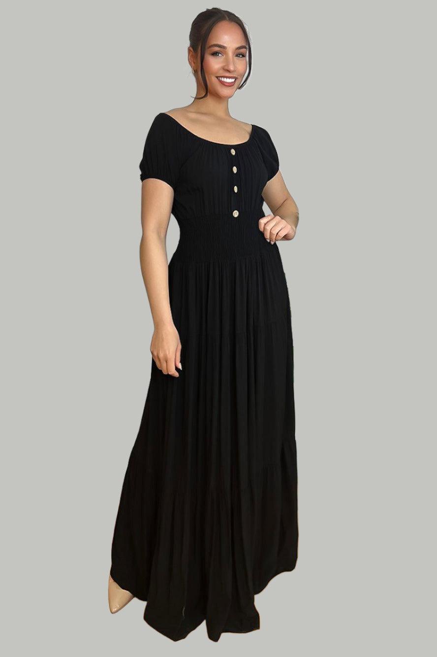 Button Details Shirrred Waist Milkmaid Maxi Dress-SinglePrice