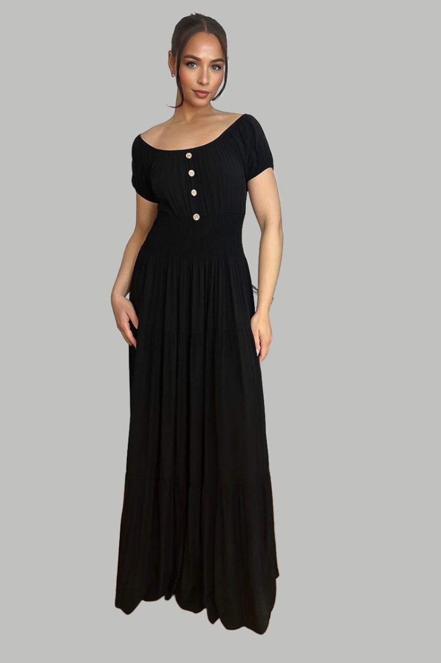 Button Details Shirrred Waist Milkmaid Maxi Dress-SinglePrice