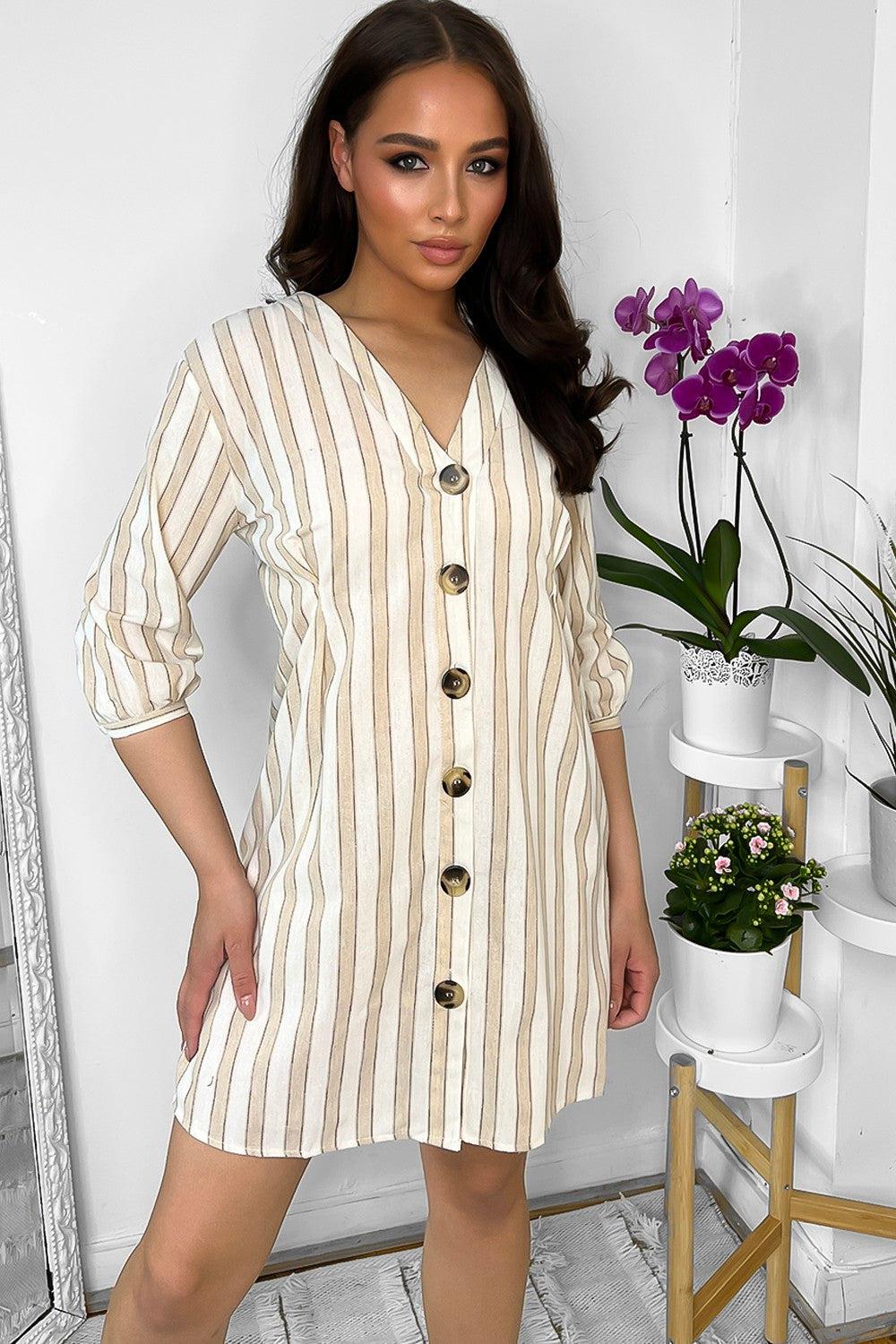 Natural Stripe V-Neck Cotton Blend Dress-SinglePrice