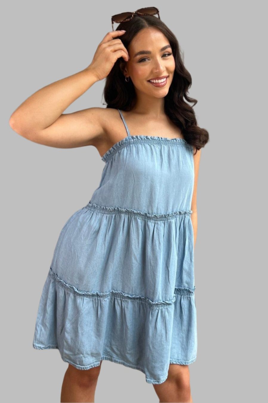 Lightweight Strappy Tiered Denim Dress
