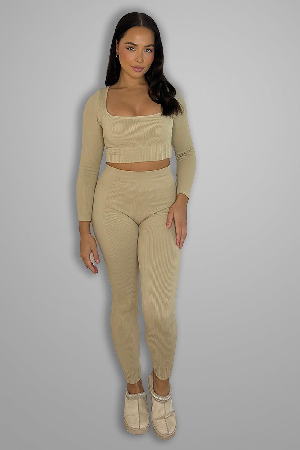 Ribbed Stretch Jersey Square Neck Top And Leggings Set-SinglePrice