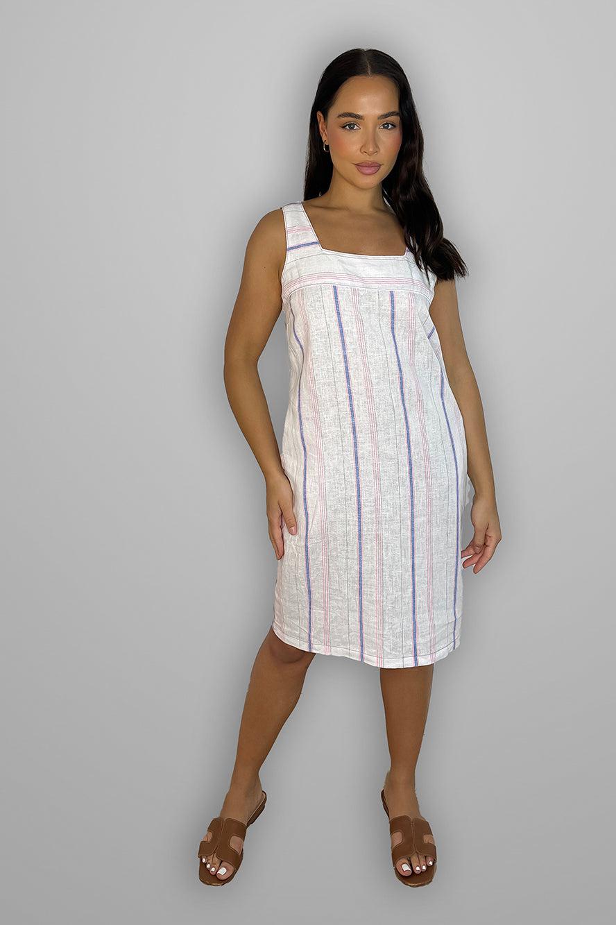 White Pinstripe Linen Blend Summer Dress-SinglePrice