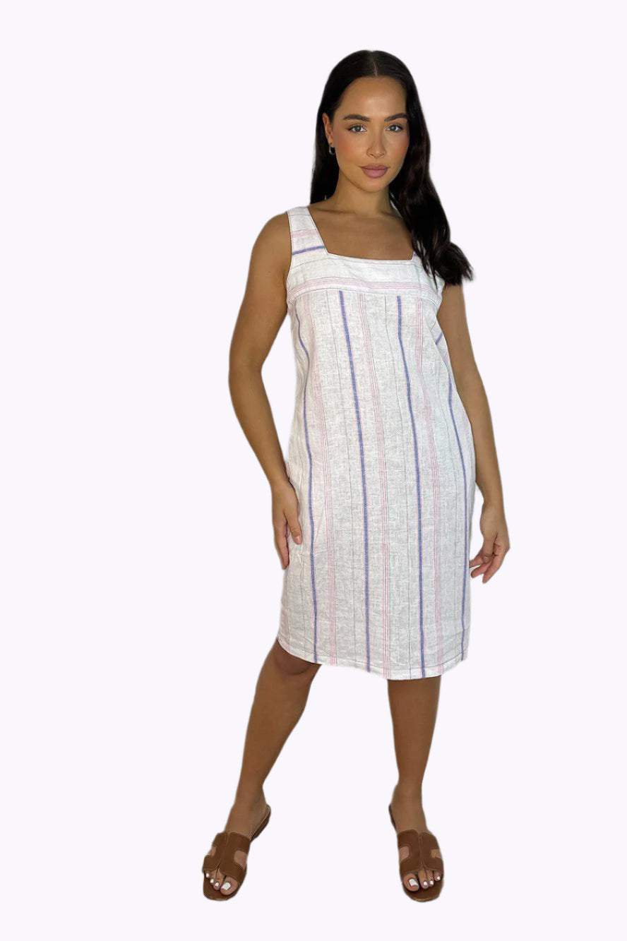 White Pinstripe Linen Blend Summer Dress-SinglePrice