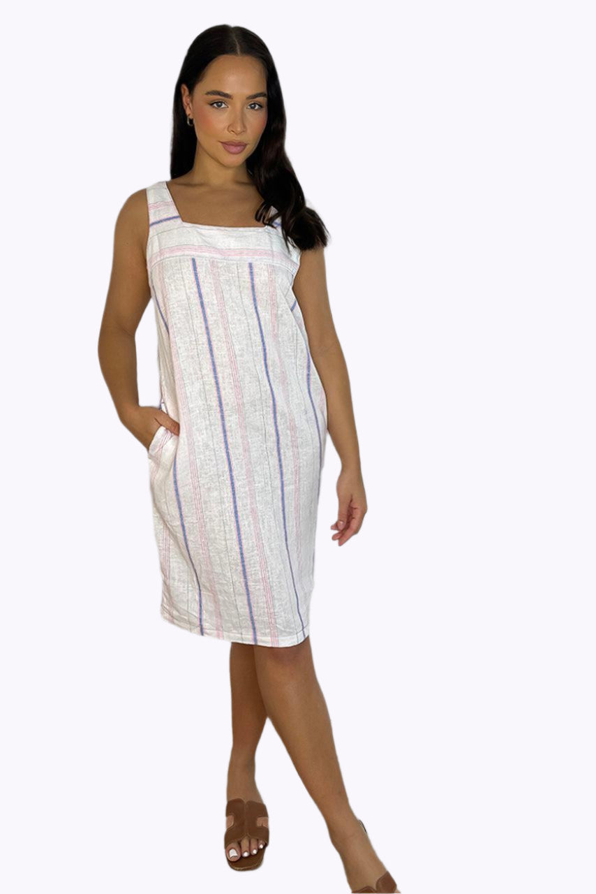 White Pinstripe Linen Blend Summer Dress-SinglePrice