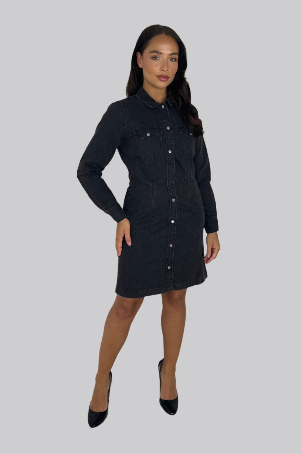 Long Sleeve Chinched Waist Denim Shirt Dress-SinglePrice