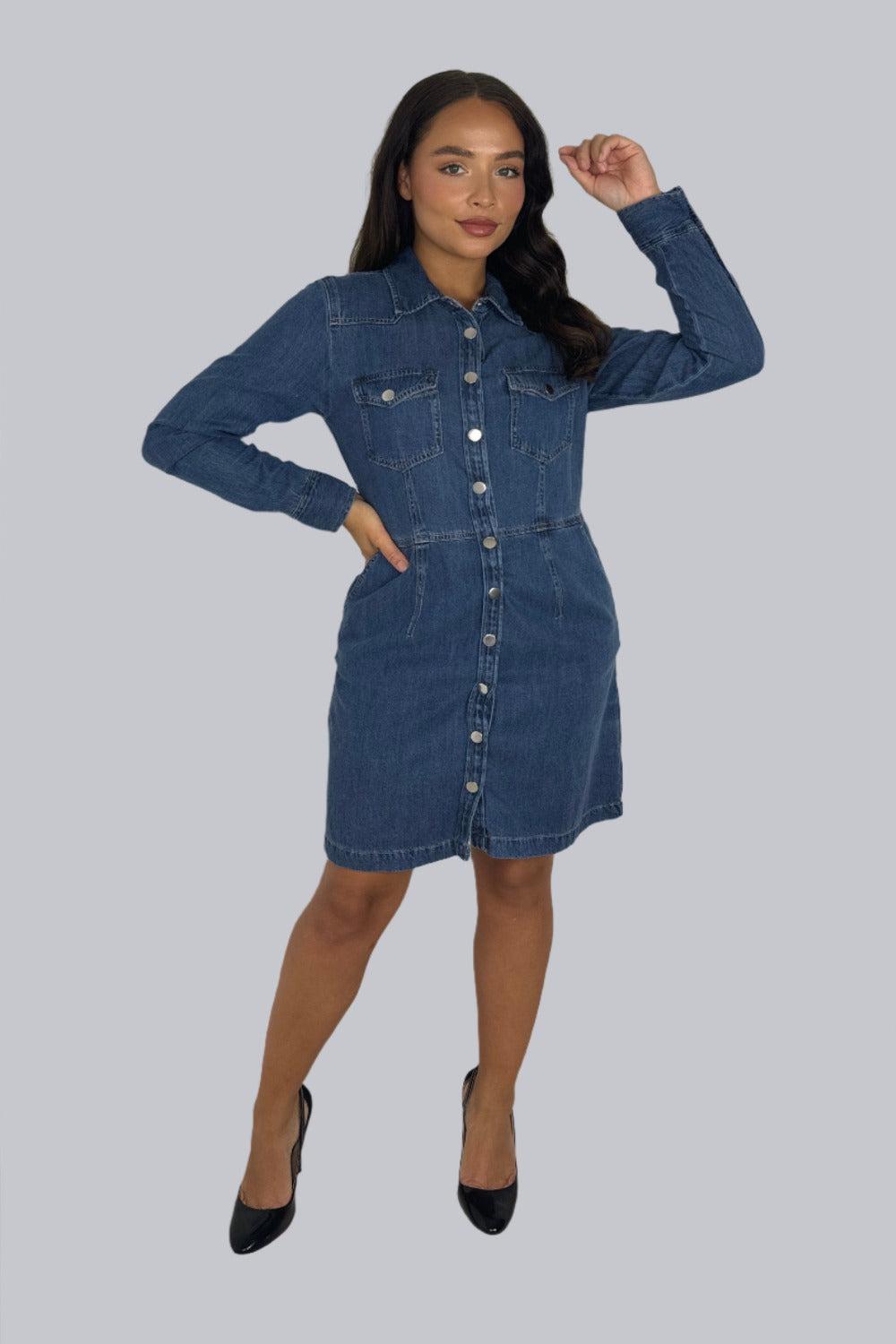 Long Sleeve Chinched Waist Denim Shirt Dress-SinglePrice