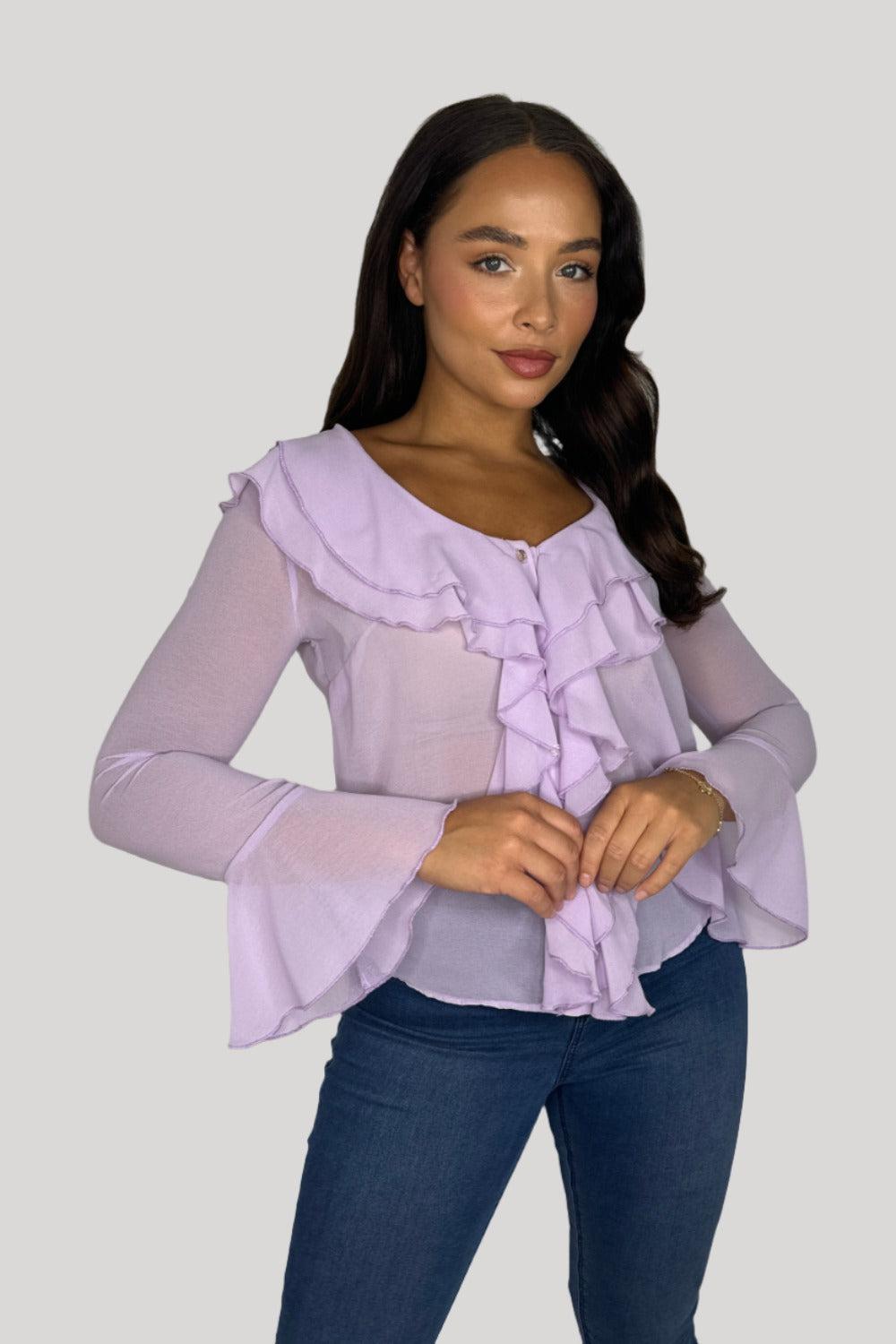 Elegant Frill Detail Low Cut Bell Sleeve Sheer Blouse-SinglePrice