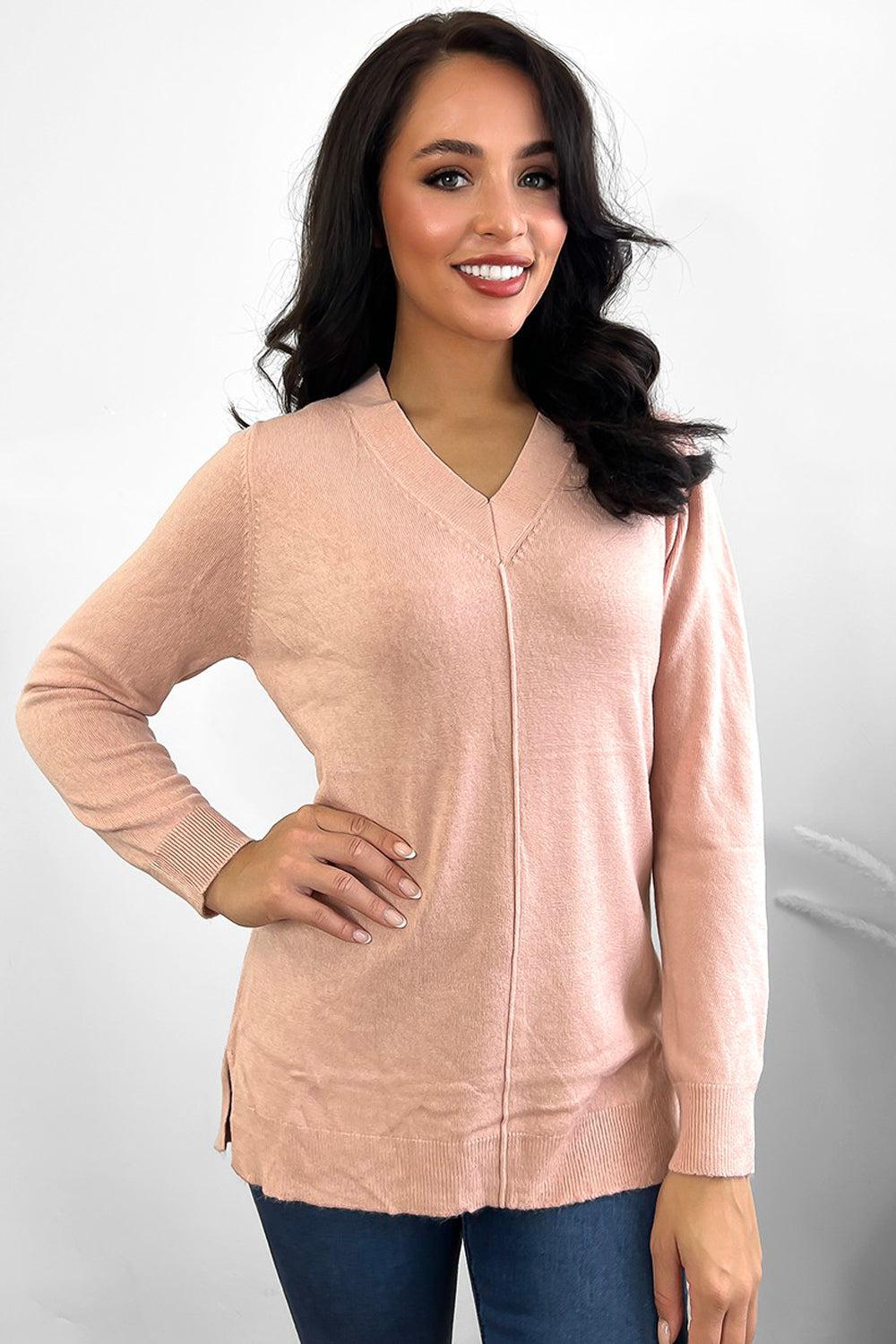 Front Seam V-Neck Soft Knit Pullover-SinglePrice