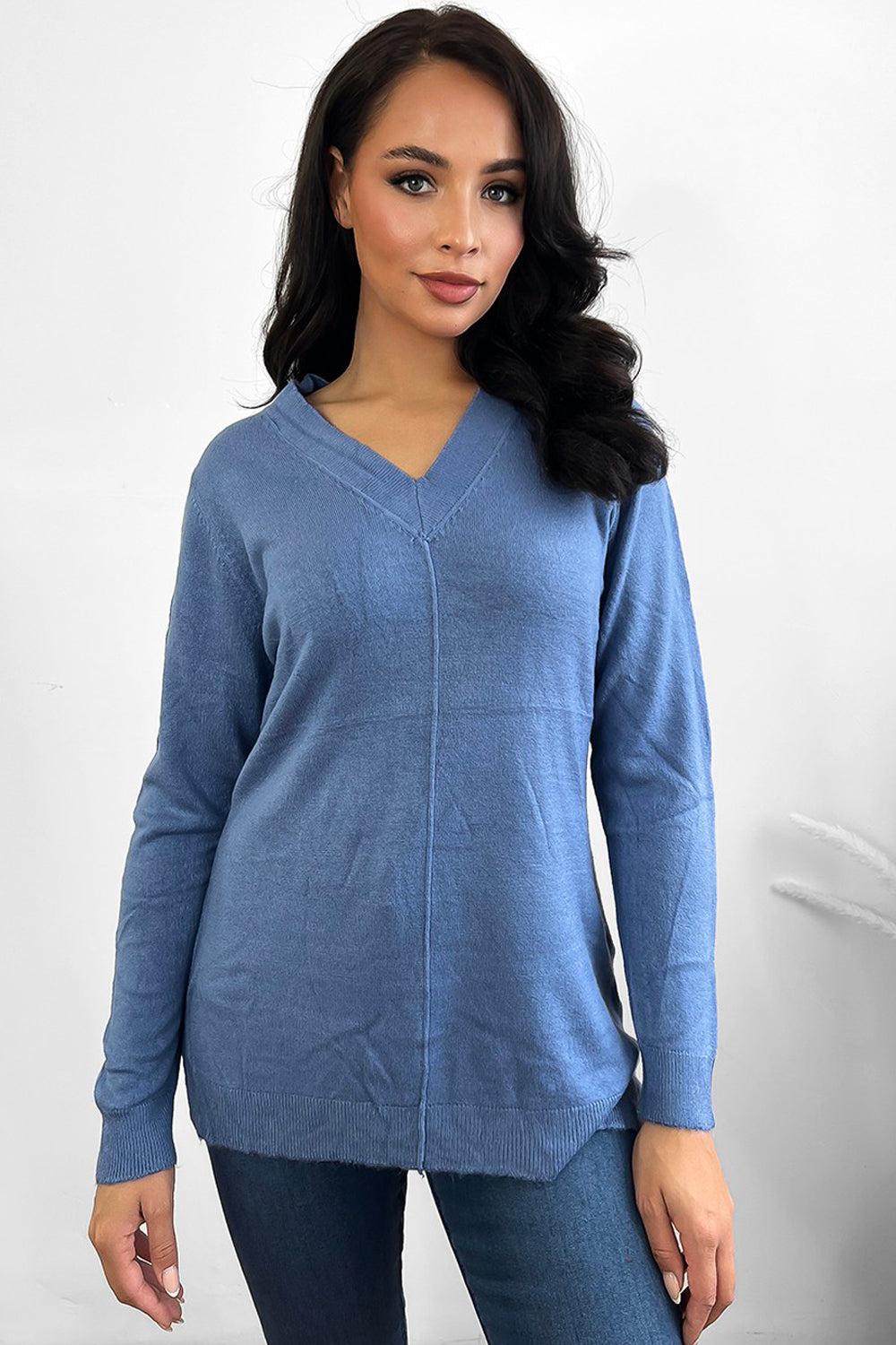 Front Seam V-Neck Soft Knit Pullover-SinglePrice