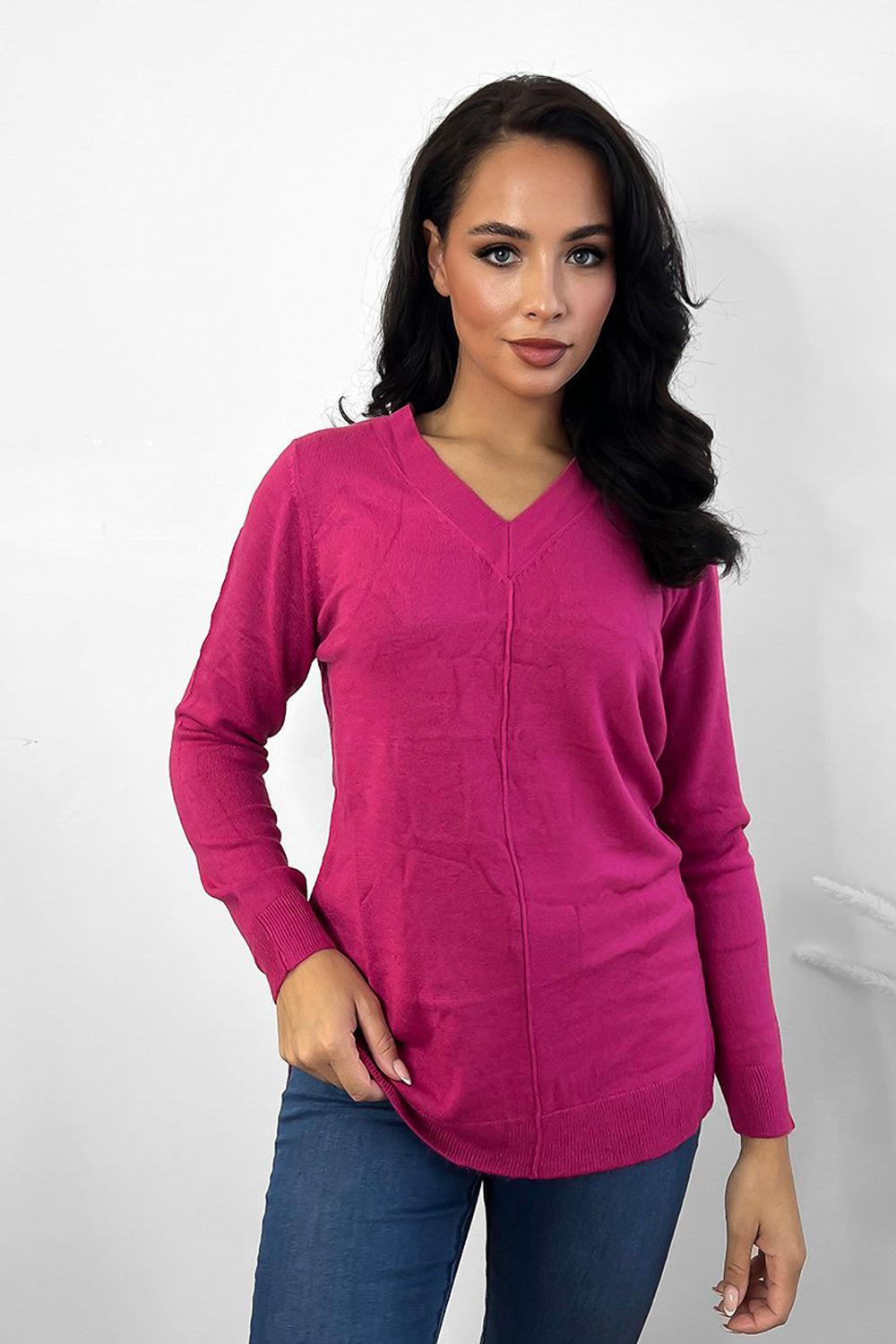 Front Seam V-Neck Soft Knit Pullover-SinglePrice