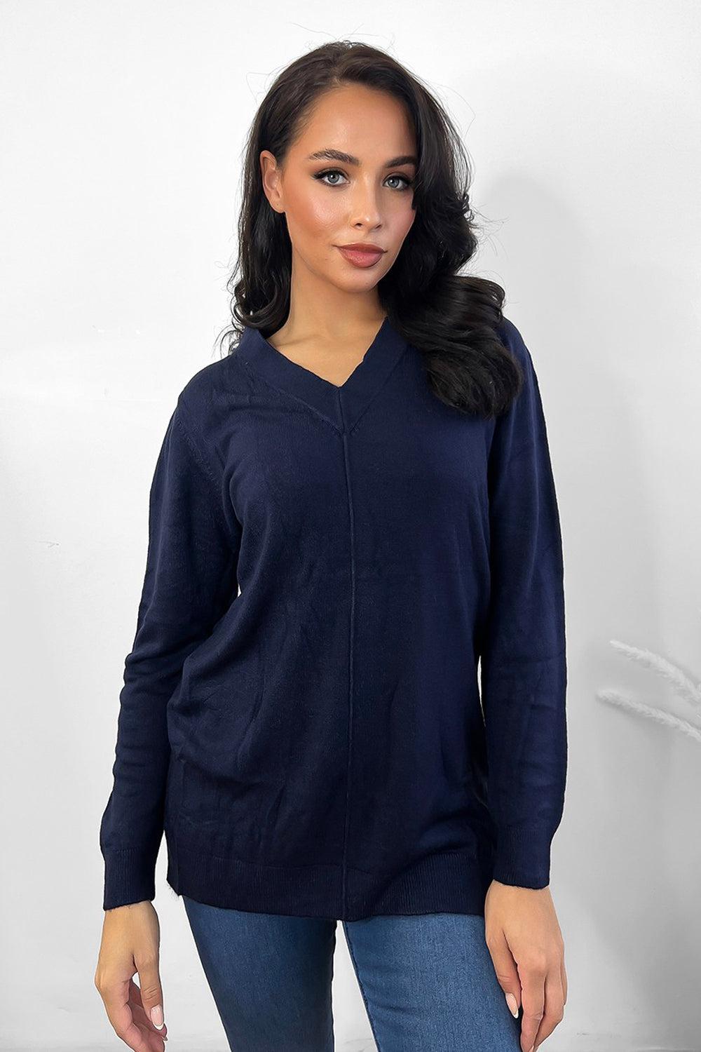 Front Seam V-Neck Soft Knit Pullover-SinglePrice