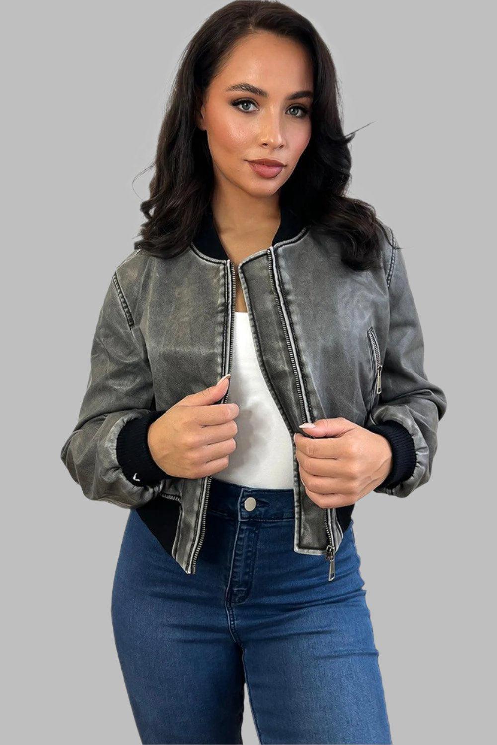 Black Grey Aged Effect Vegan Leather Bomber Jacket-SinglePrice