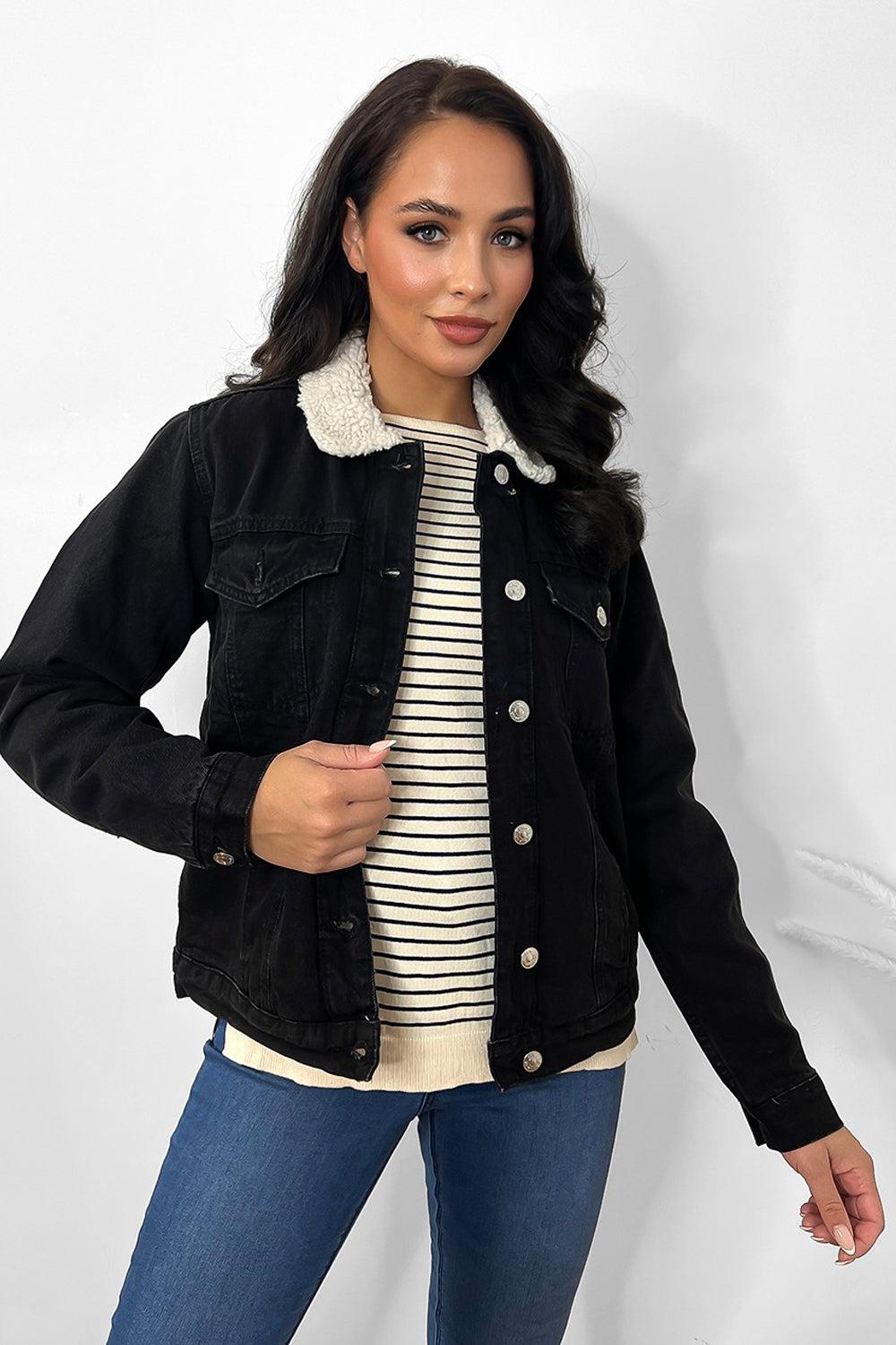 Black Vegan Shearling Denim Jacket-SinglePrice