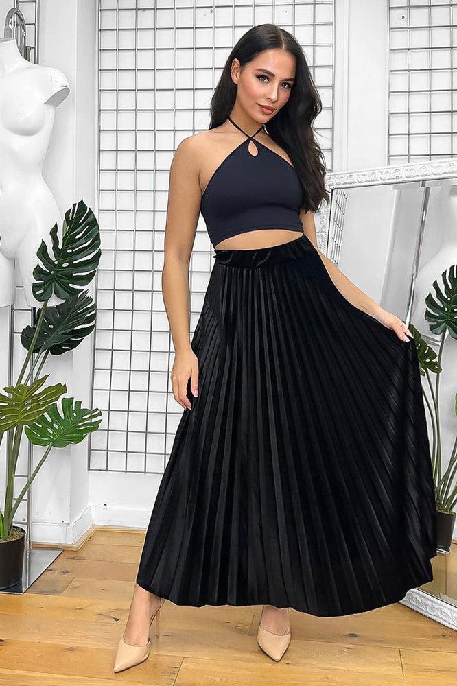 Elastic Waist Velour Pleated Maxi Skirts-SinglePrice