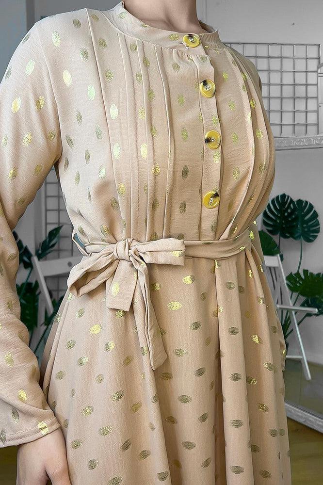 Button Neckline Gold Bokeh Modest Maxi Dress-SinglePrice