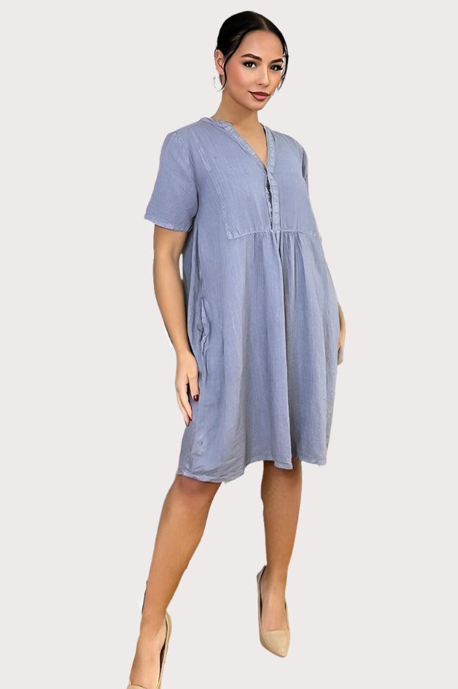 Grandad Collar Linen Blend Shift Dress-SinglePrice