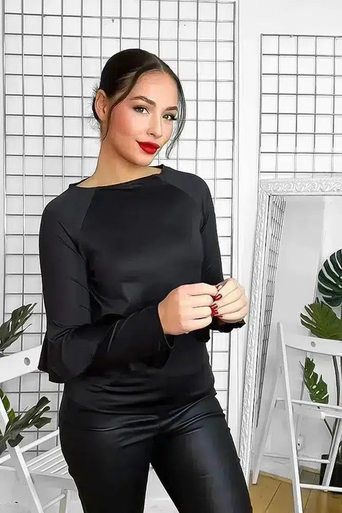 Black Satin Frill Sleeves Blouse-SinglePrice