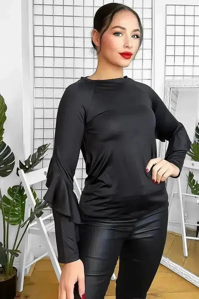 Black Satin Frill Sleeves Blouse-SinglePrice