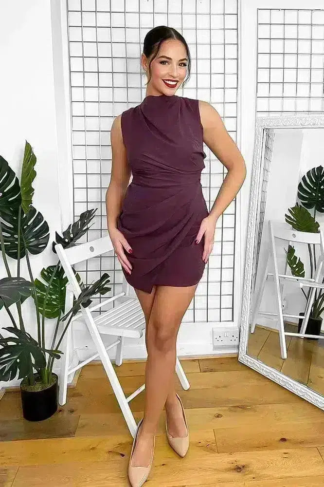 Burgundy Draped Sleeveless Dress-SinglePrice