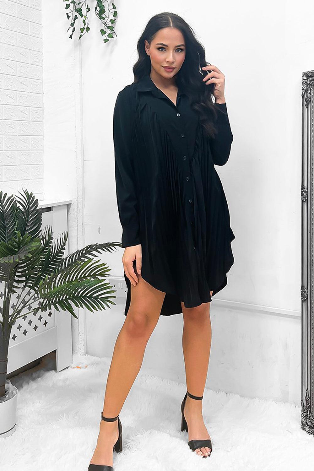 Satin Finish Pleated Shirt Dress-SinglePrice