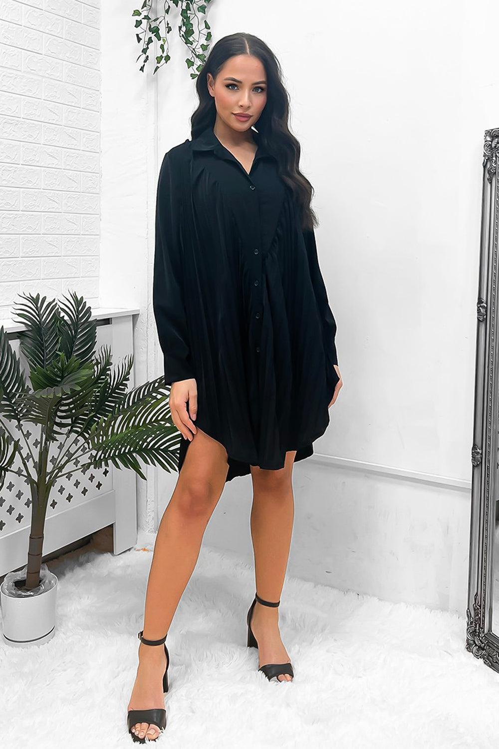 Satin Finish Pleated Shirt Dress-SinglePrice