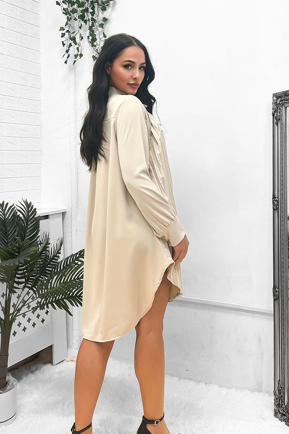 Satin Finish Pleated Shirt Dress-SinglePrice