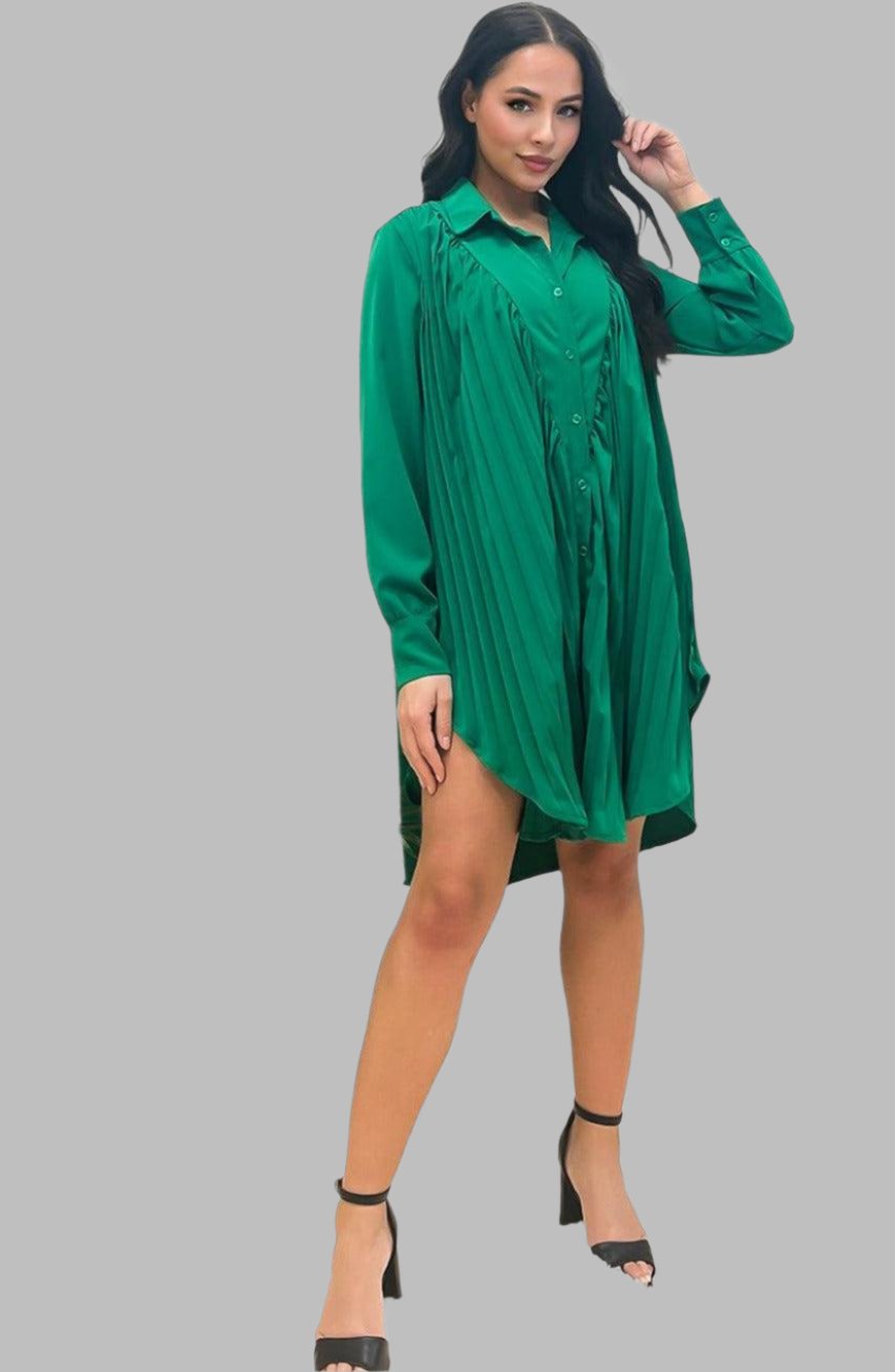 Satin Finish Pleated Shirt Dress-SinglePrice