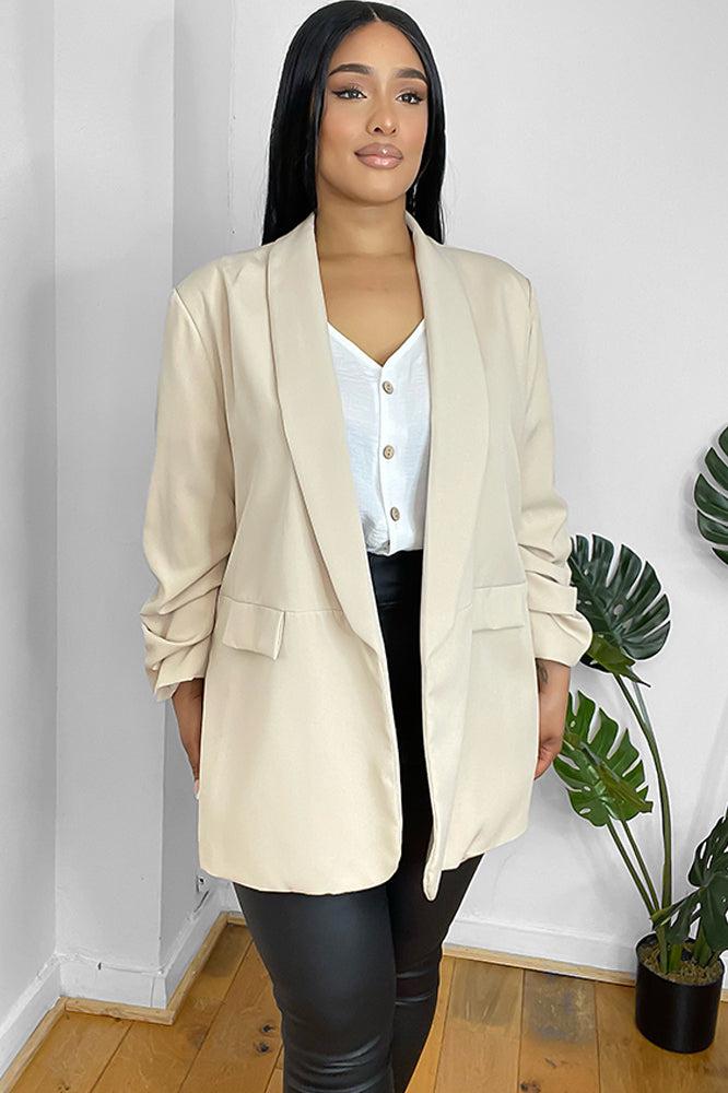 Ruched Sleeves Open Front Blazer-SinglePrice