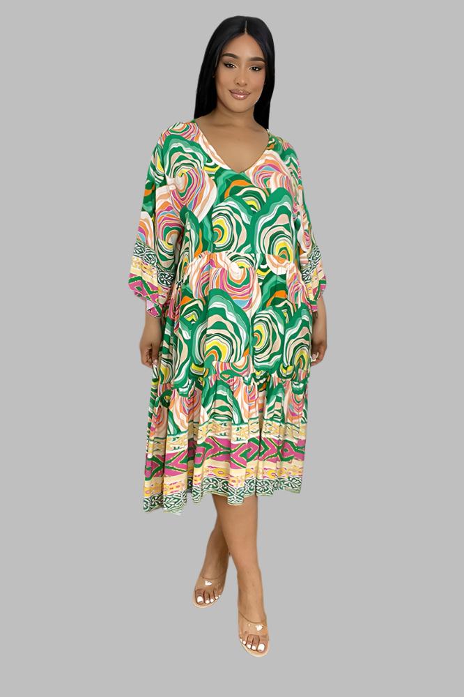 Multicolour Swirl Print Summer Cotton Dress-SinglePrice