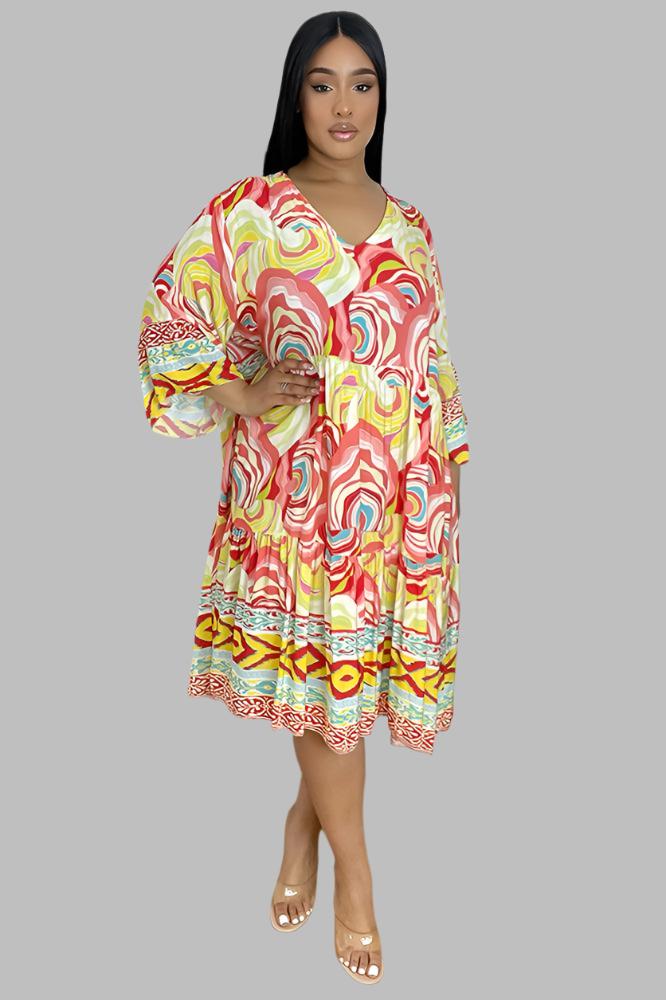 Multicolour Swirl Print Summer Cotton Dress-SinglePrice